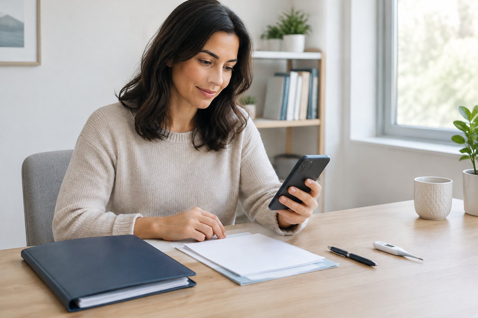 Eine Person ordnet zu Hause Unterlagen und nutzt ein Smartphone.